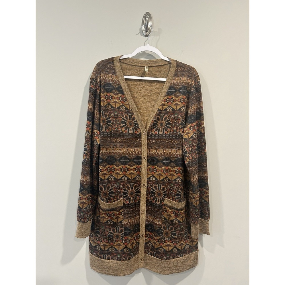 Grecerelle 2XL Brown Boho Tapestry Print Longline Button Front Cardigan Sweater